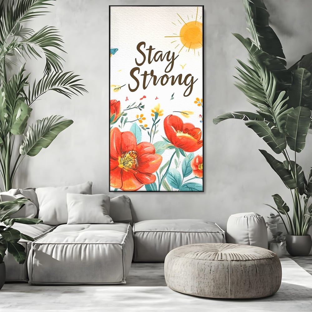 Tablou canvas cu tablou motivational cu flori si soare, in rama de aluminiu negru, pe perete intr-un living